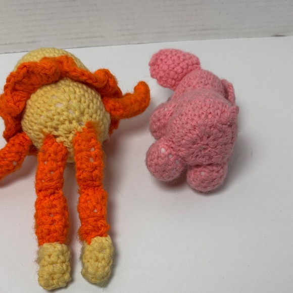 Vintage Crocheted Animal Trio in Pink Orange Yellow Elephant Bunny Humpty - Picture 10 of 12